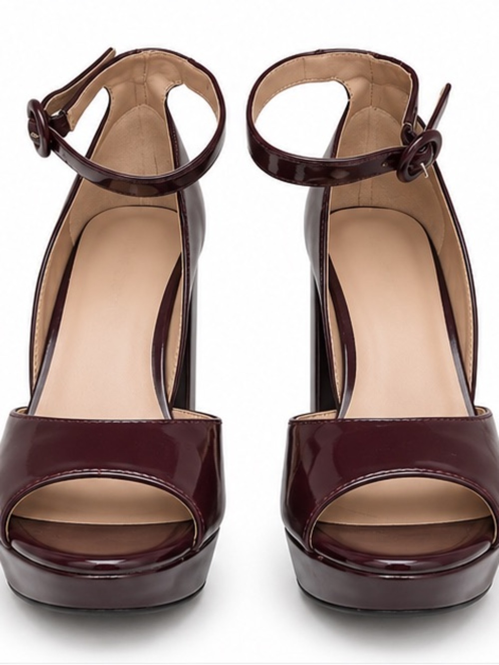 Sun + Stone Burgundy Patent Peep-Toe Ankle-Strap Platforms